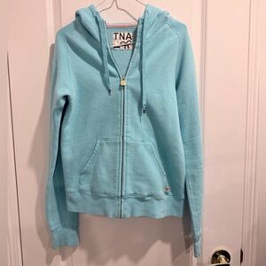 TNA Sky Blue Hoodie with Zip and Drawstring